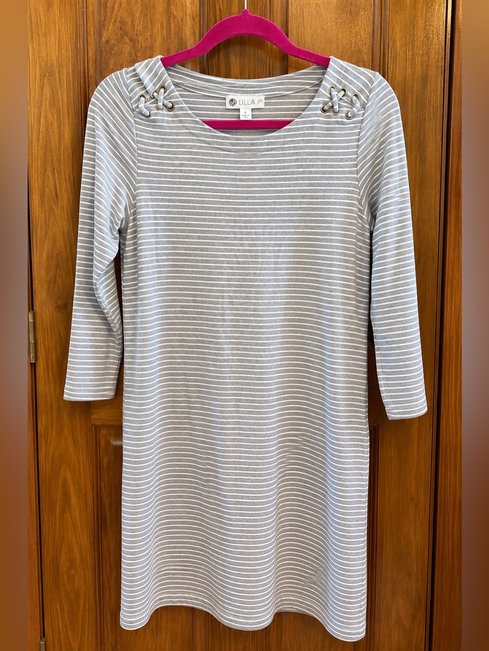 Lila Rose Gray & White Striped Casual Knit Dress